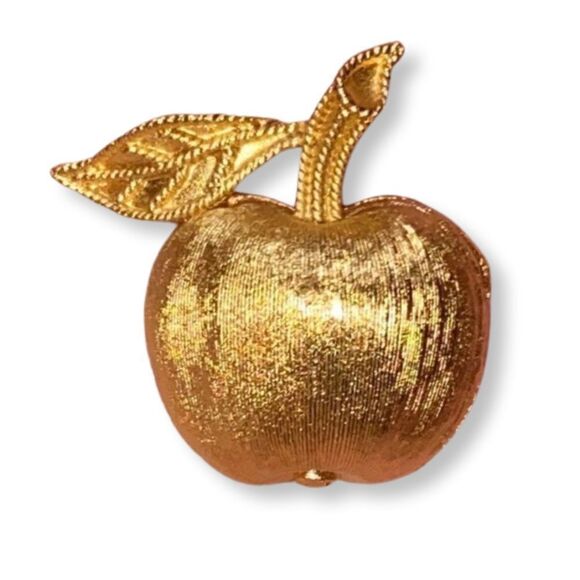 Crown Trifari Vintage Signed Brushed Gold Tone Apple Pin Brooch - Picture 1 of 10